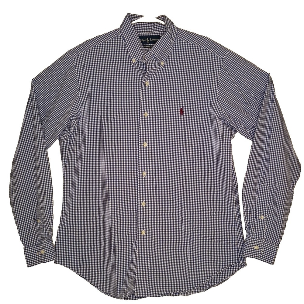 Ralph Lauren Shirt‎ Mens Medium Blue White Gingham Check Classic Fit LS Pony - Picture 3 of 9